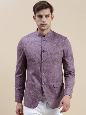 Showoff men's printed slim fit mandarin collar lavender bandhgala blazer 2
