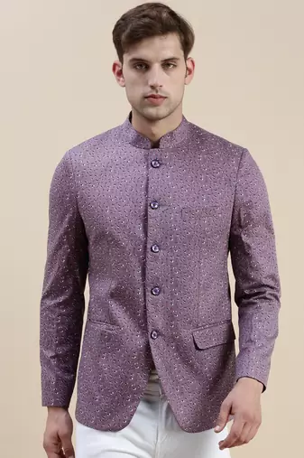 Showoff men's printed slim fit mandarin collar lavender bandhgala blazer