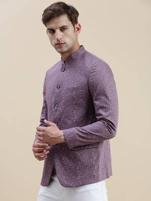 Showoff men's printed slim fit mandarin collar lavender bandhgala blazer 3