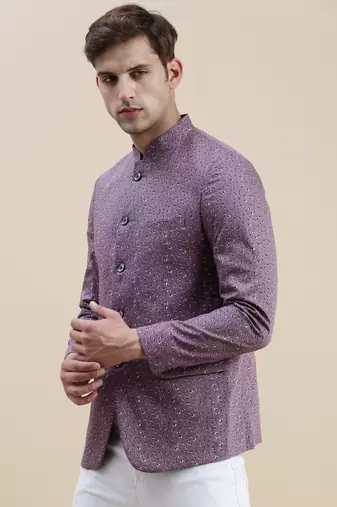 Showoff men's printed slim fit mandarin collar lavender bandhgala blazer