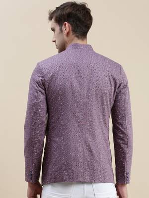 Showoff men's printed slim fit mandarin collar lavender bandhgala blazer 4