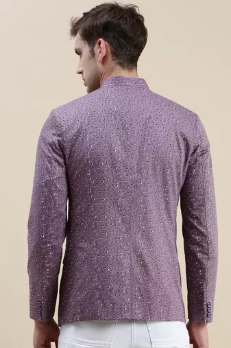 Showoff men's printed slim fit mandarin collar lavender bandhgala blazer