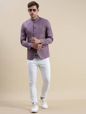 Showoff men's printed slim fit mandarin collar lavender bandhgala blazer 5