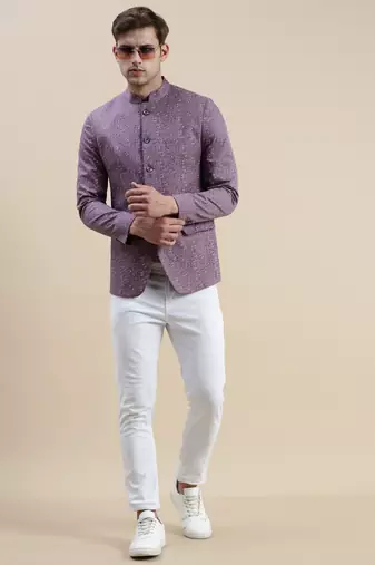 Showoff men's printed slim fit mandarin collar lavender bandhgala blazer