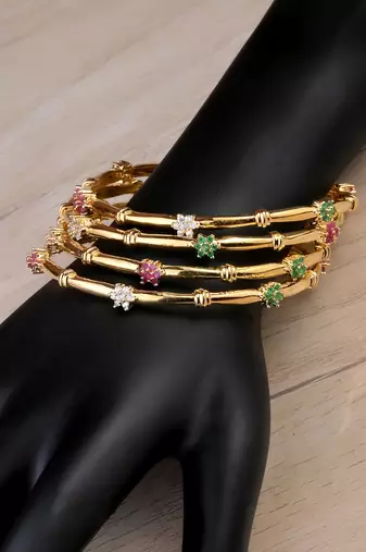 Gold Plated Ruby and Emerald Embellished Designer Bangles BD695