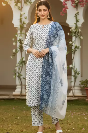 Ahika white printed polyester styles women's kurta trousers with dupatta