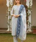 Ahika white printed polyester styles women's kurta trousers with dupatta