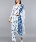 Ahika white printed polyester styles women's kurta trousers with dupatta