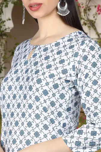 Ahika white printed polyester styles women's kurta trousers with dupatta