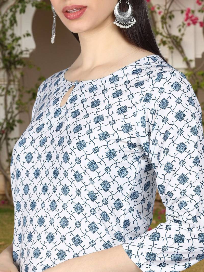 Ahika white printed polyester styles women's kurta trousers with dupatta