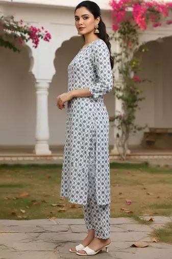 Ahika white printed polyester styles women's kurta trousers with dupatta