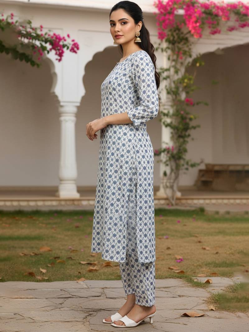 Ahika white printed polyester styles women's kurta trousers with dupatta