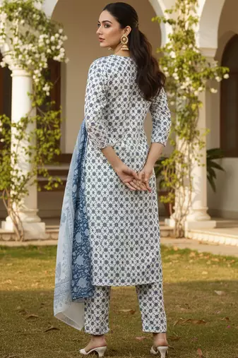Ahika white printed polyester styles women's kurta trousers with dupatta
