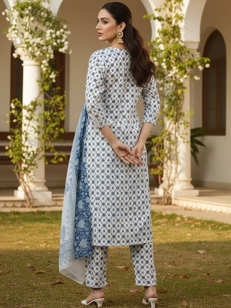 Ahika white printed polyester styles women's kurta trousers with dupatta