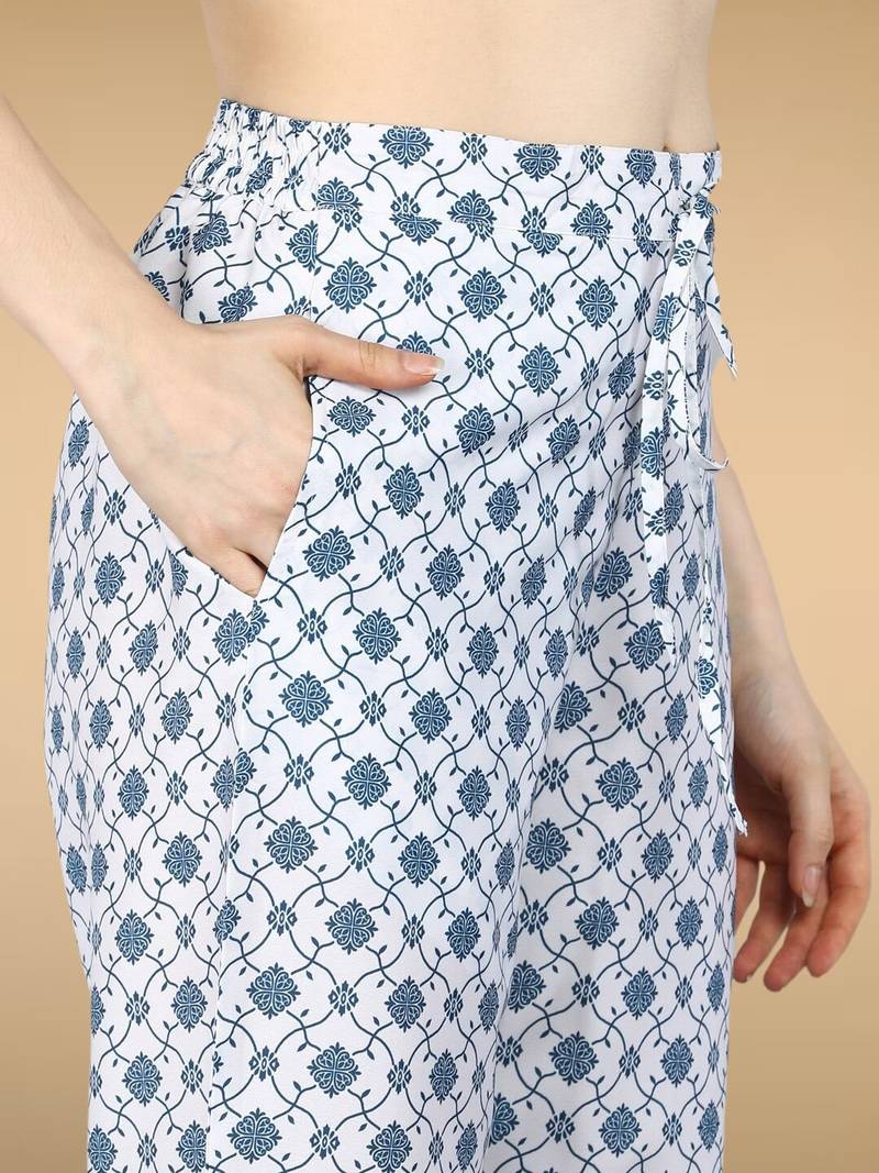 Ahika white printed polyester styles women's kurta trousers with dupatta