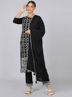 black embroidered poly silk styles women's kurta trousers with dupatta 1