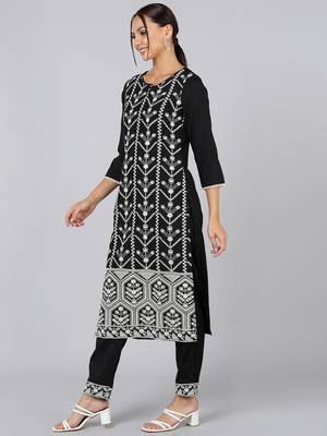 black embroidered poly silk styles women's kurta trousers with dupatta 3