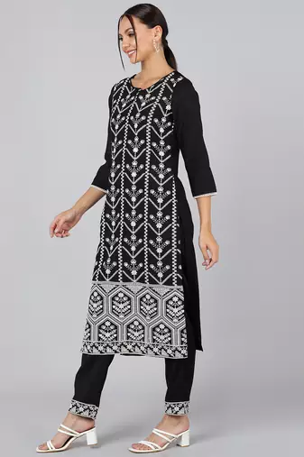 black embroidered poly silk styles women's kurta trousers with dupatta