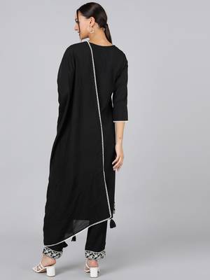 black embroidered poly silk styles women's kurta trousers with dupatta 4