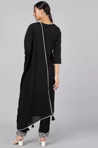 black embroidered poly silk styles women's kurta trousers with dupatta
