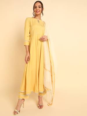 yellow solid poly silk styles women's kurta trousers with dupatta 1