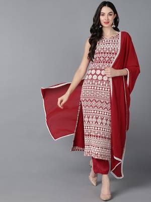 red embroidered poly georgette styles women's kurta trousers with dupatta 1