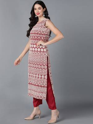 red embroidered poly georgette styles women's kurta trousers with dupatta 3