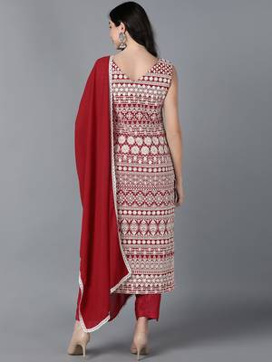 red embroidered poly georgette styles women's kurta trousers with dupatta 4
