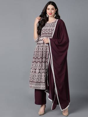 purple embroidered poly georgette styles women's kurta palazzos with dupatta 1