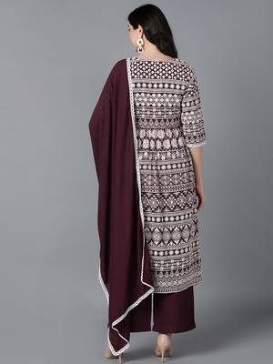 purple embroidered poly georgette styles women's kurta palazzos with dupatta 4