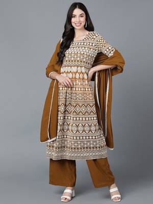 mustard embroidered poly georgette styles women's kurta palazzos with dupatta 1