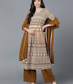mustard embroidered poly georgette styles women's kurta palazzos with dupatta