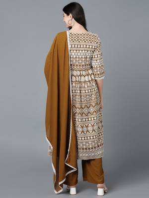 mustard embroidered poly georgette styles women's kurta palazzos with dupatta 4