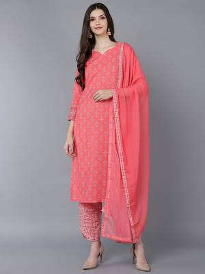 peach printed polyester styles women's kurta trousers with dupatta 1