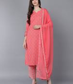 peach printed polyester styles women's kurta trousers with dupatta