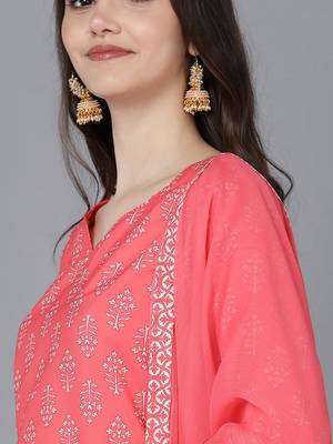 peach printed polyester styles women's kurta trousers with dupatta 2