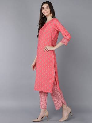 peach printed polyester styles women's kurta trousers with dupatta 3