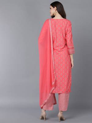 peach printed polyester styles women's kurta trousers with dupatta 4