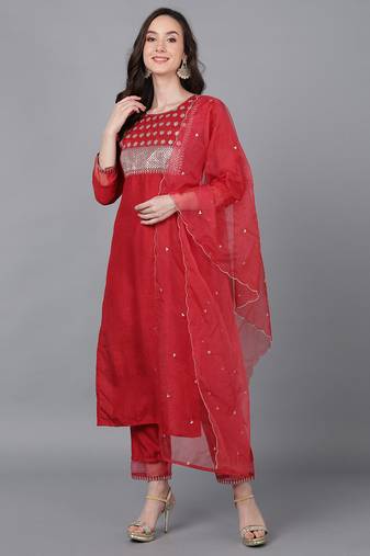 Ahika red embroidered poly silk styles women's kurta trousers with dupatta