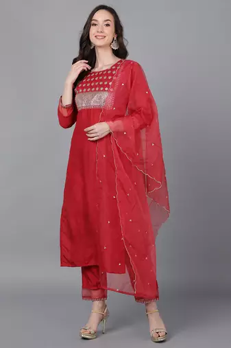 Ahika red embroidered poly silk styles women's kurta trousers with dupatta