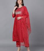 Ahika red embroidered poly silk styles women's kurta trousers with dupatta