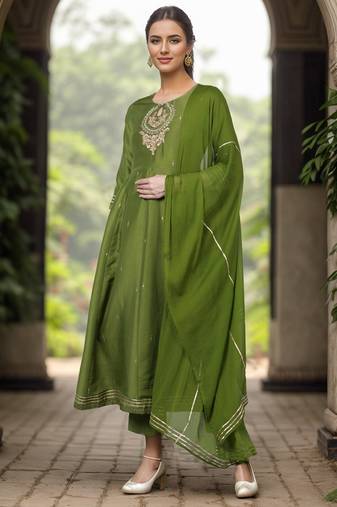 green embroidered poly silk kurta trousers with dupatta