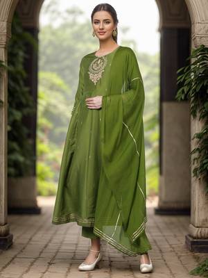green embroidered poly silk kurta trousers with dupatta 1