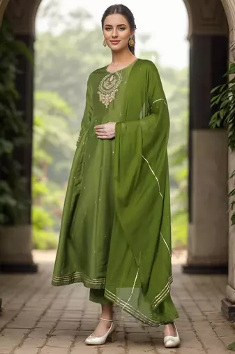 green embroidered poly silk kurta trousers with dupatta