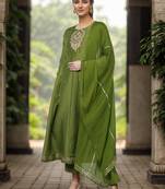 green embroidered poly silk kurta trousers with dupatta