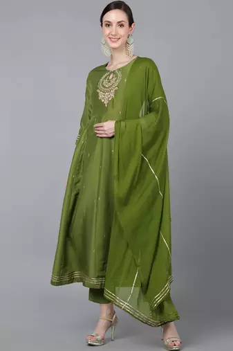 green embroidered poly silk kurta trousers with dupatta