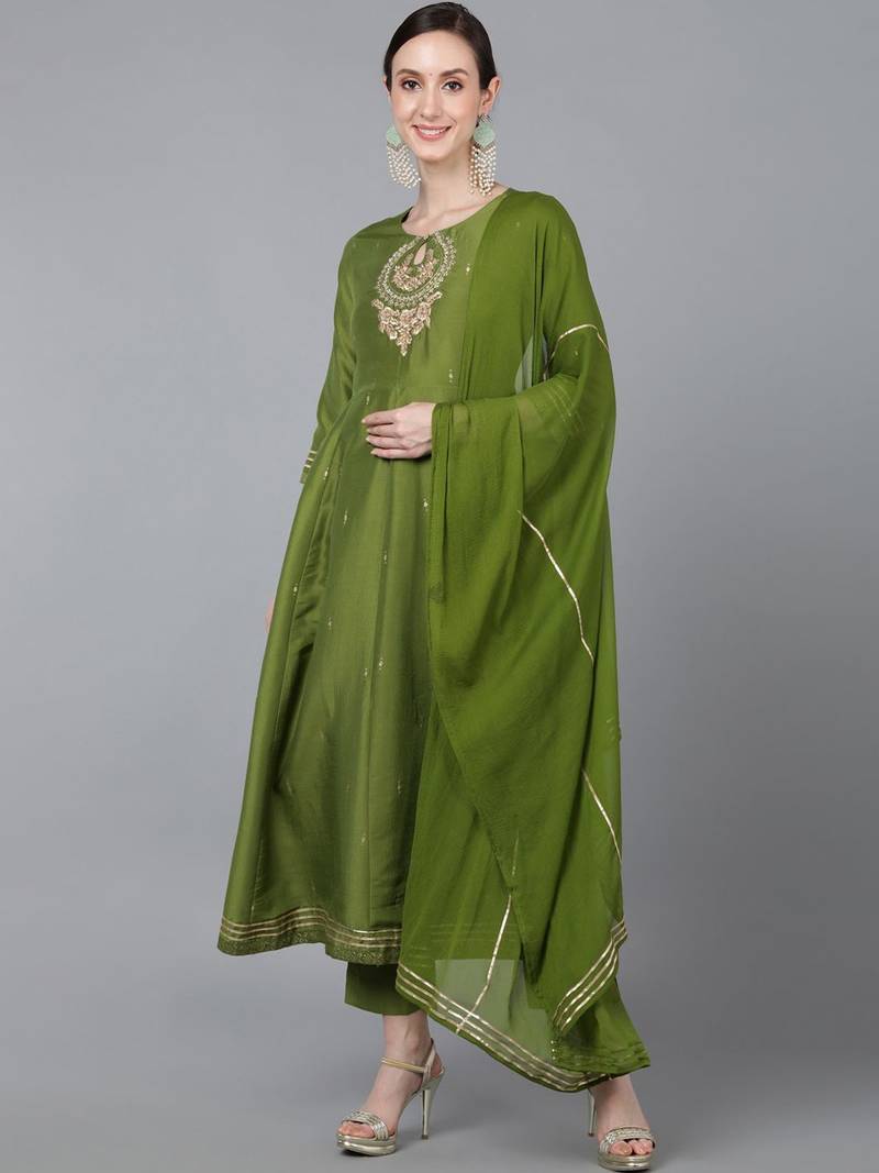 green embroidered poly silk kurta trousers with dupatta