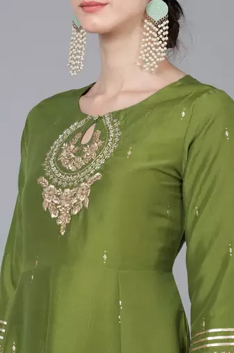 green embroidered poly silk kurta trousers with dupatta