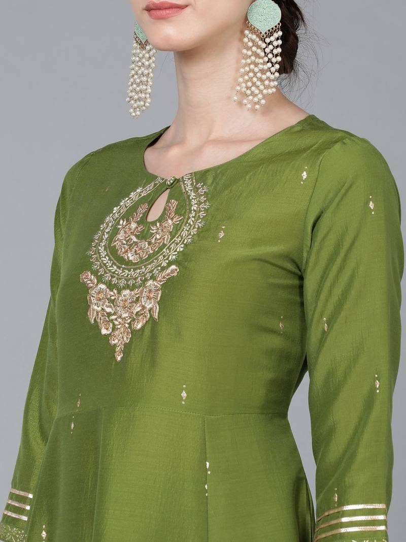 green embroidered poly silk kurta trousers with dupatta