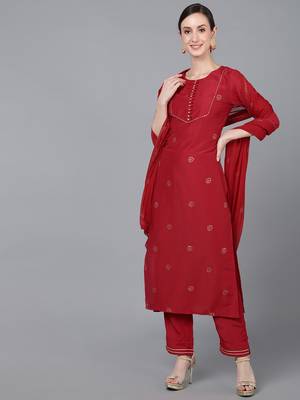 Ahika red printed poly silk styles women's kurta trousers with dupatta 1